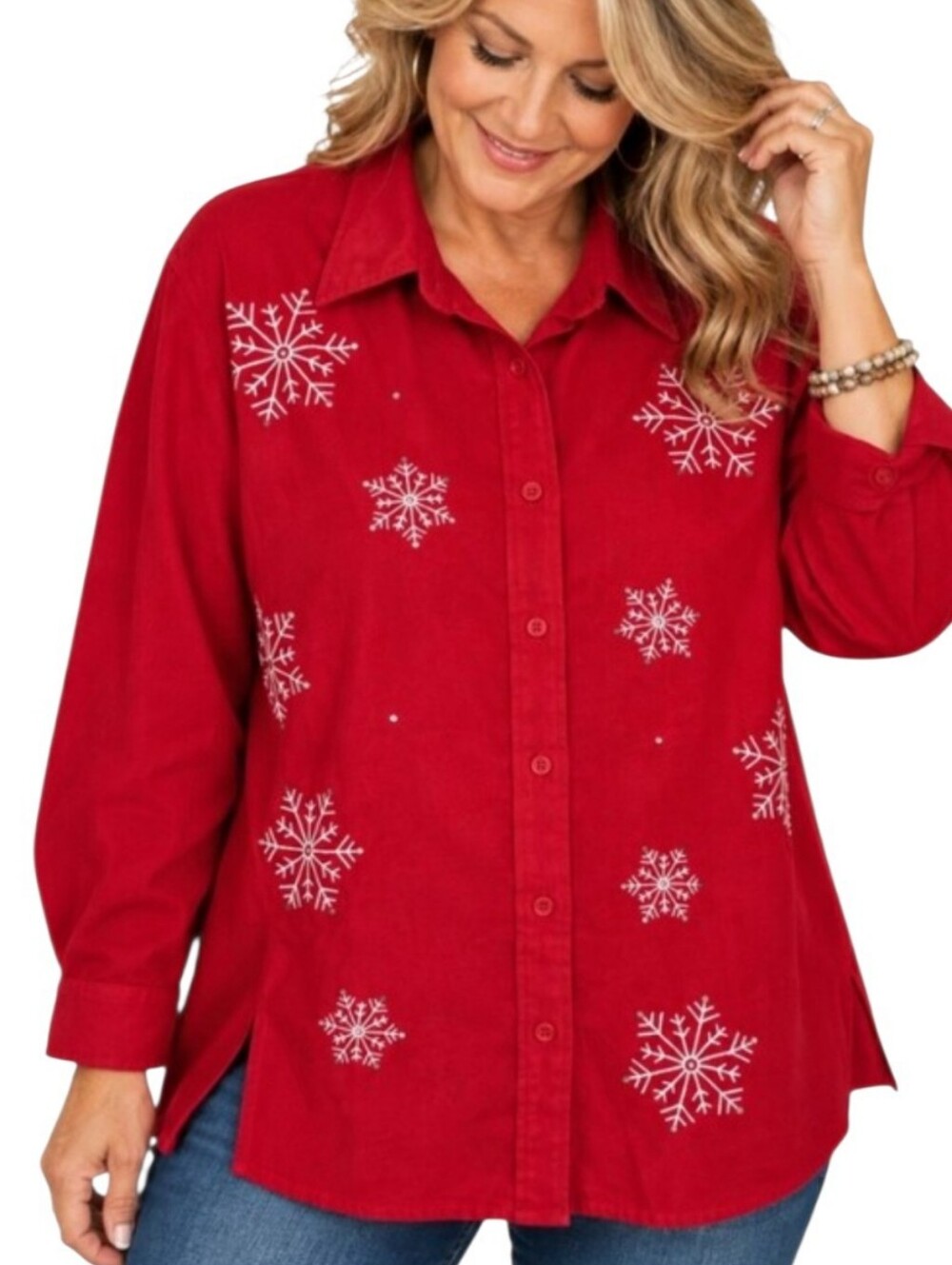 Holiday Traditions Women’s 1X Red Snowflake Embroidered Button Down Shirt